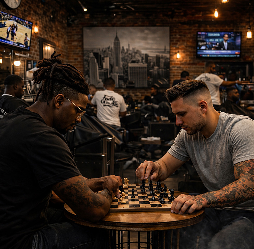 Two men playing chess at a table in a barbershop