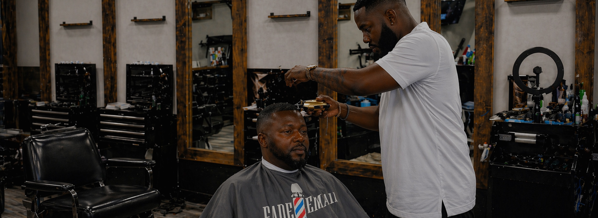 Barber cutting a client's hair at Fade 'Em All Barbershop