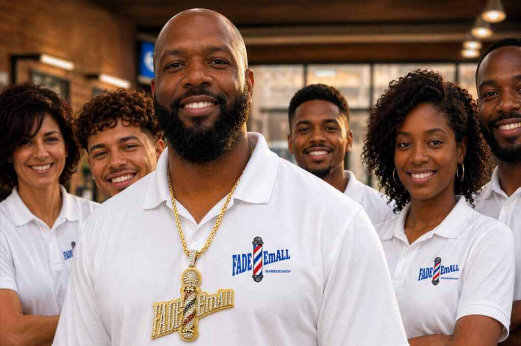 Smiling group in white Fade 'Em All Barbershop polo shirts